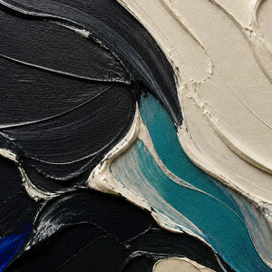 Close-up of layered black, ivory, and teal palette-knife curves.