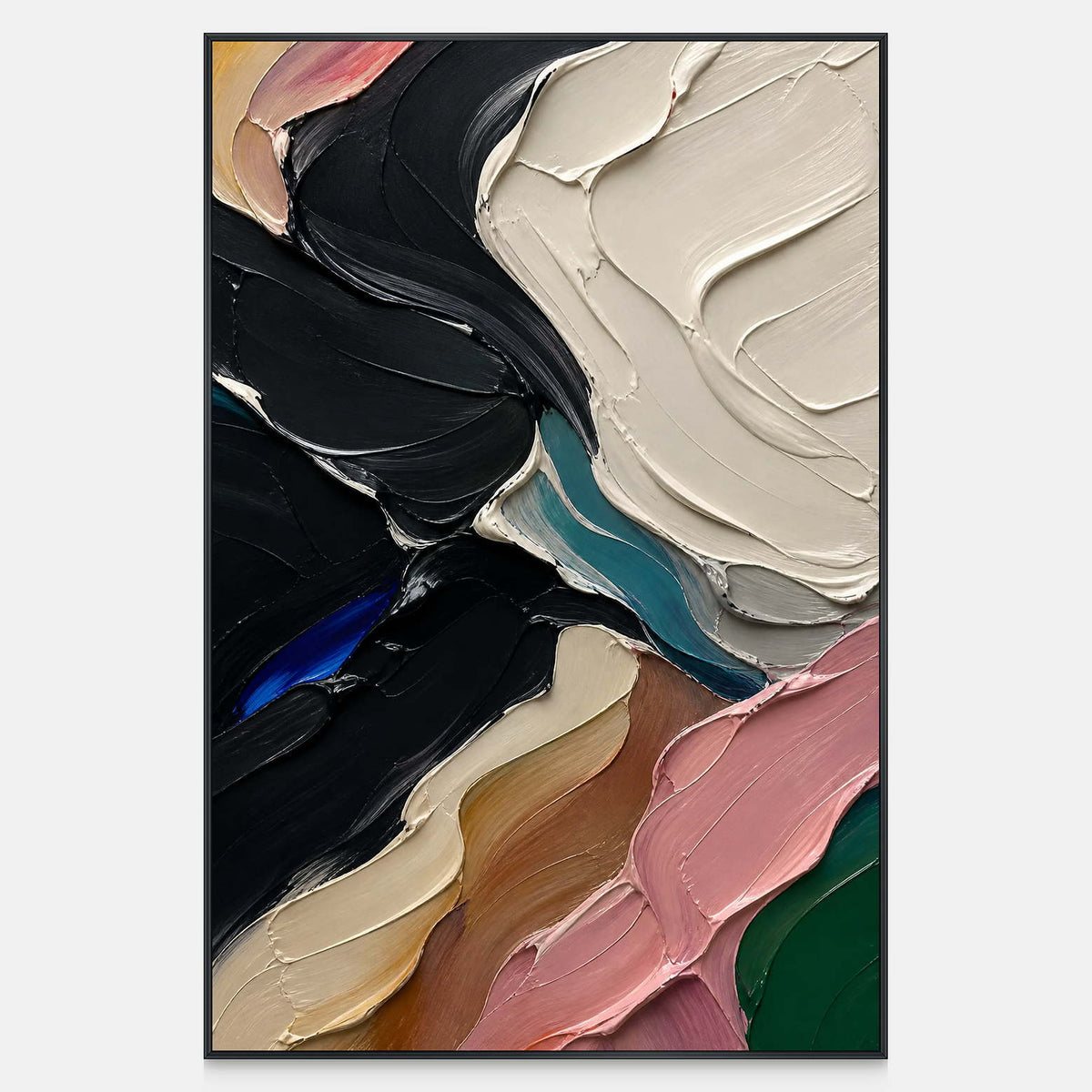 Hand-painted abstract canvas with black, ivory, pink, teal, and earth tones.