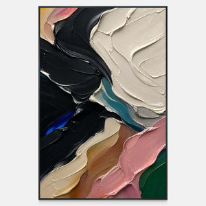 Hand-painted abstract canvas with black, ivory, pink, teal, and earth tones.