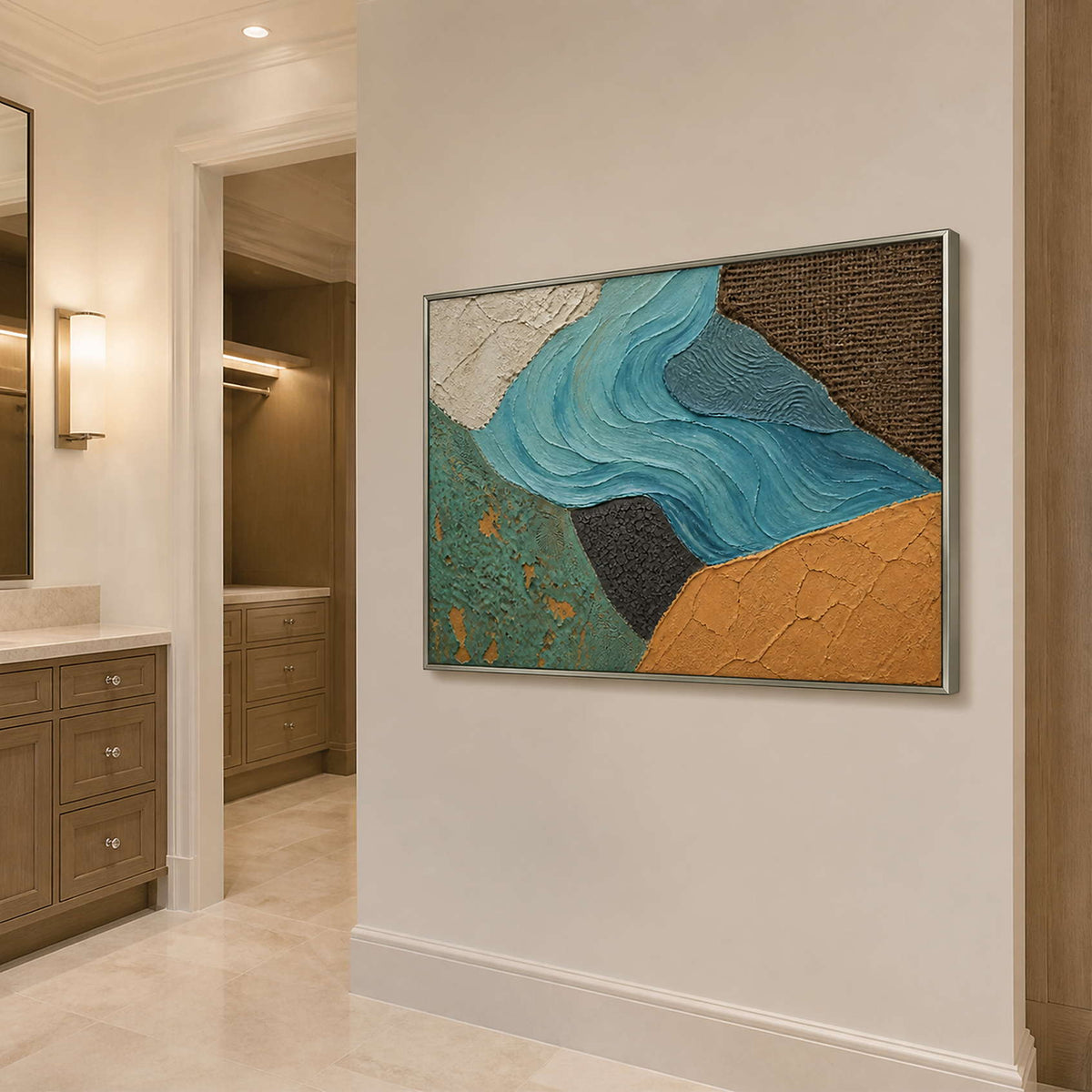 Coastal abstract canvas displayed in a calm modern bathroom.