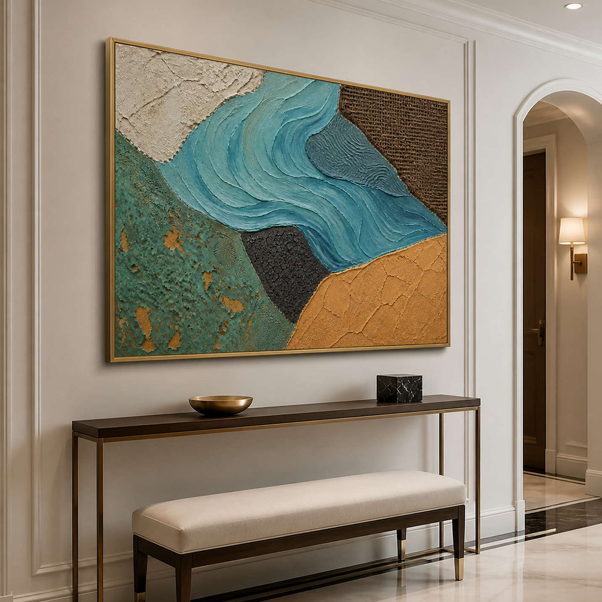 Turquoise textured artwork adding natural movement to an elegant entryway.