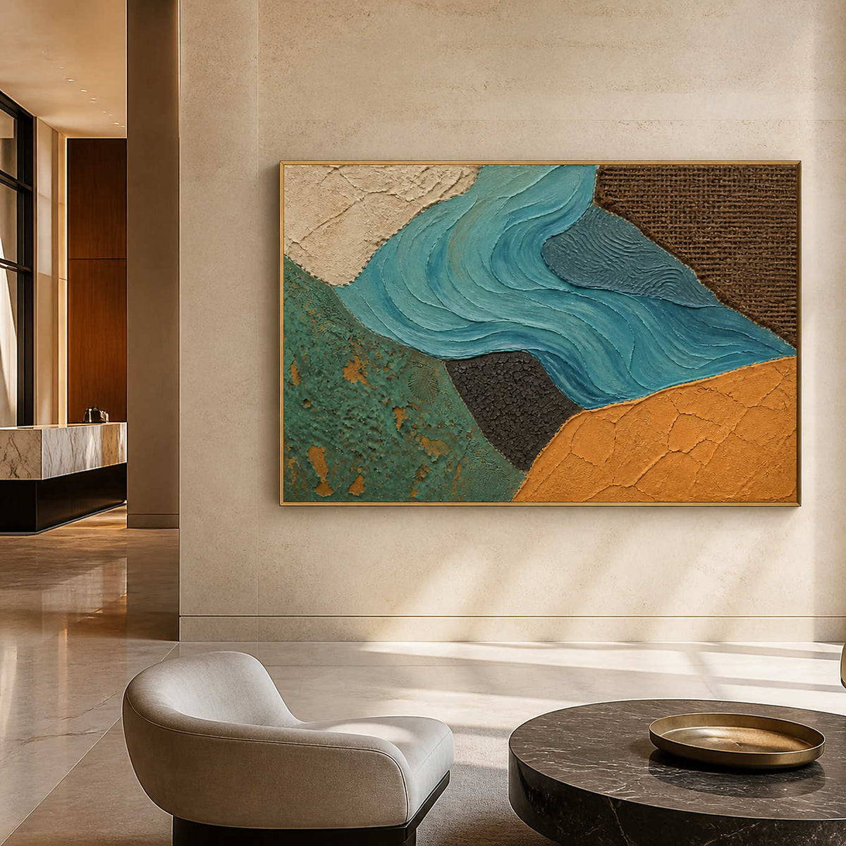 Horizontal turquoise coastal canvas bringing movement to a hotel lobby.