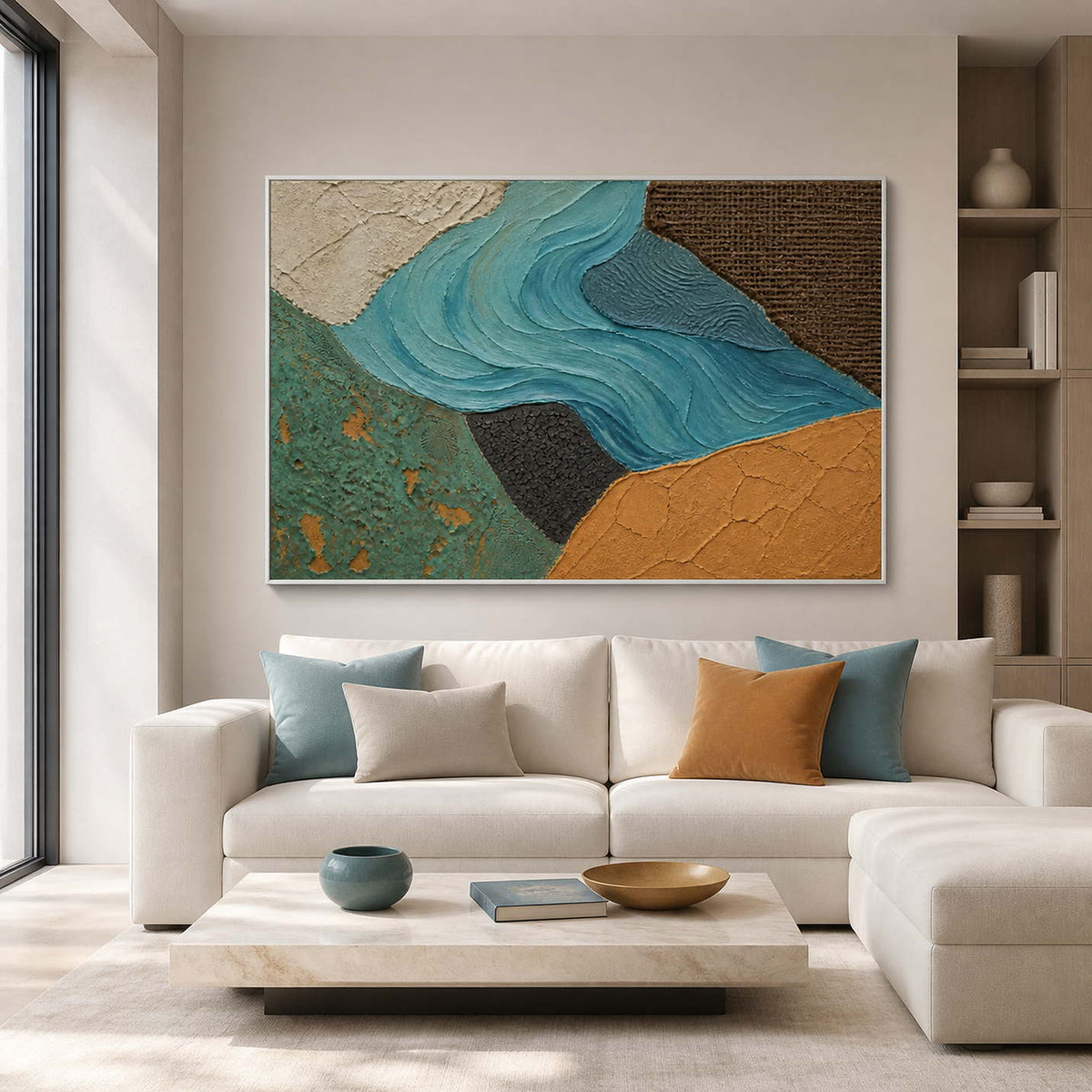 Turquoise textured coastal wall art styled in a bright living room.
