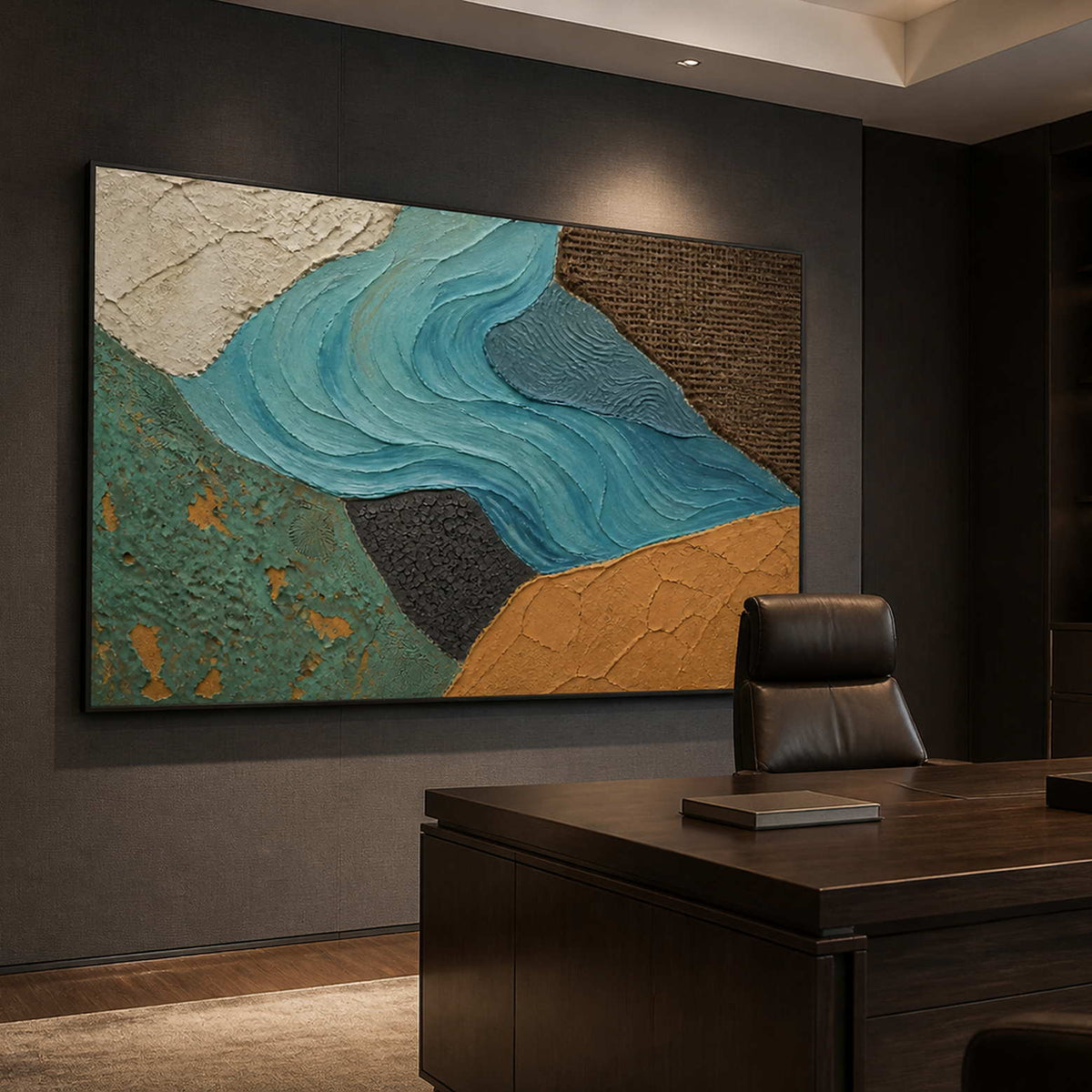Textured blue and green coastal wall art in a dark office.