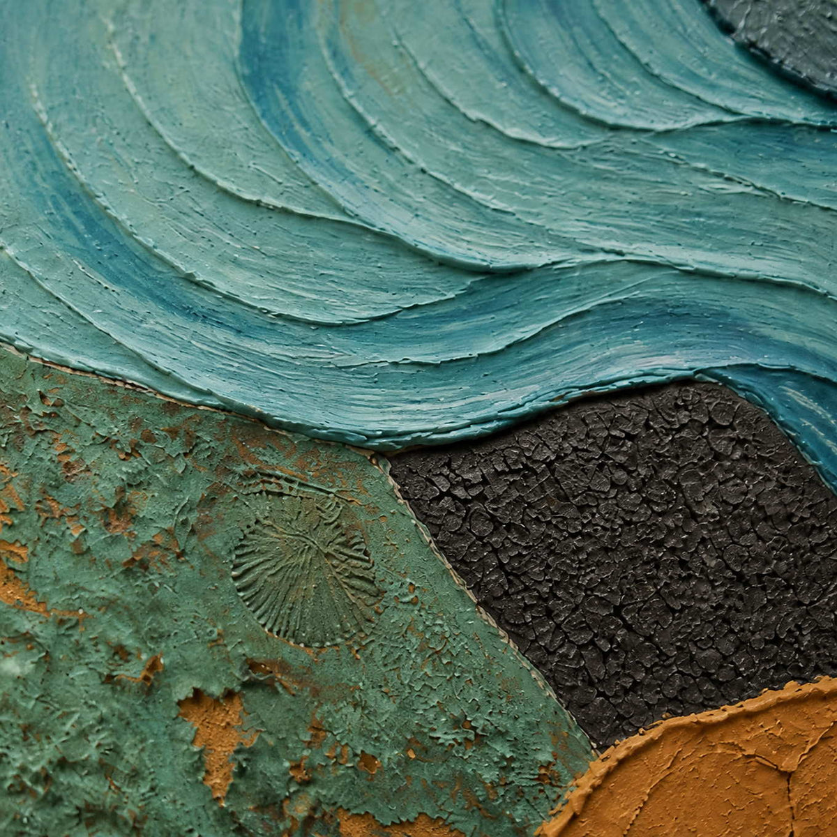 Close-up of raised turquoise waves and weathered earth texture.