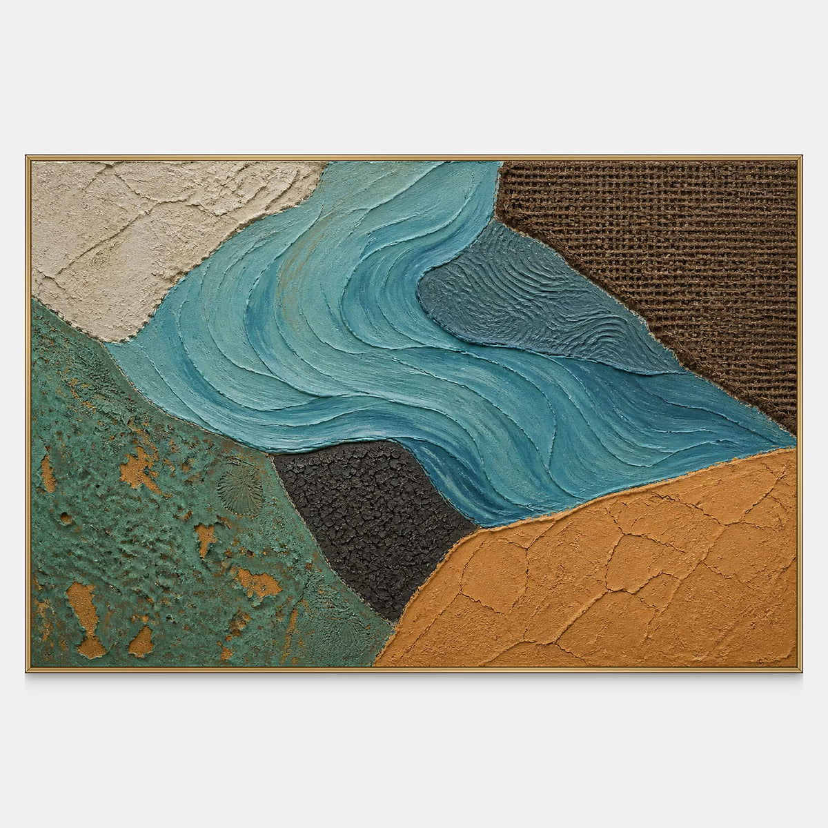 Textured coastal abstract in turquoise, green, ivory, charcoal, and ochre.
