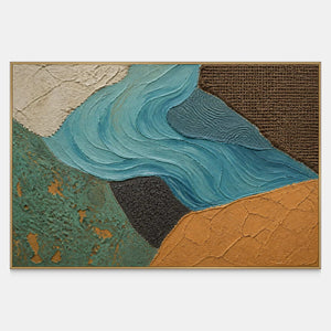 Textured coastal abstract in turquoise, green, ivory, charcoal, and ochre.