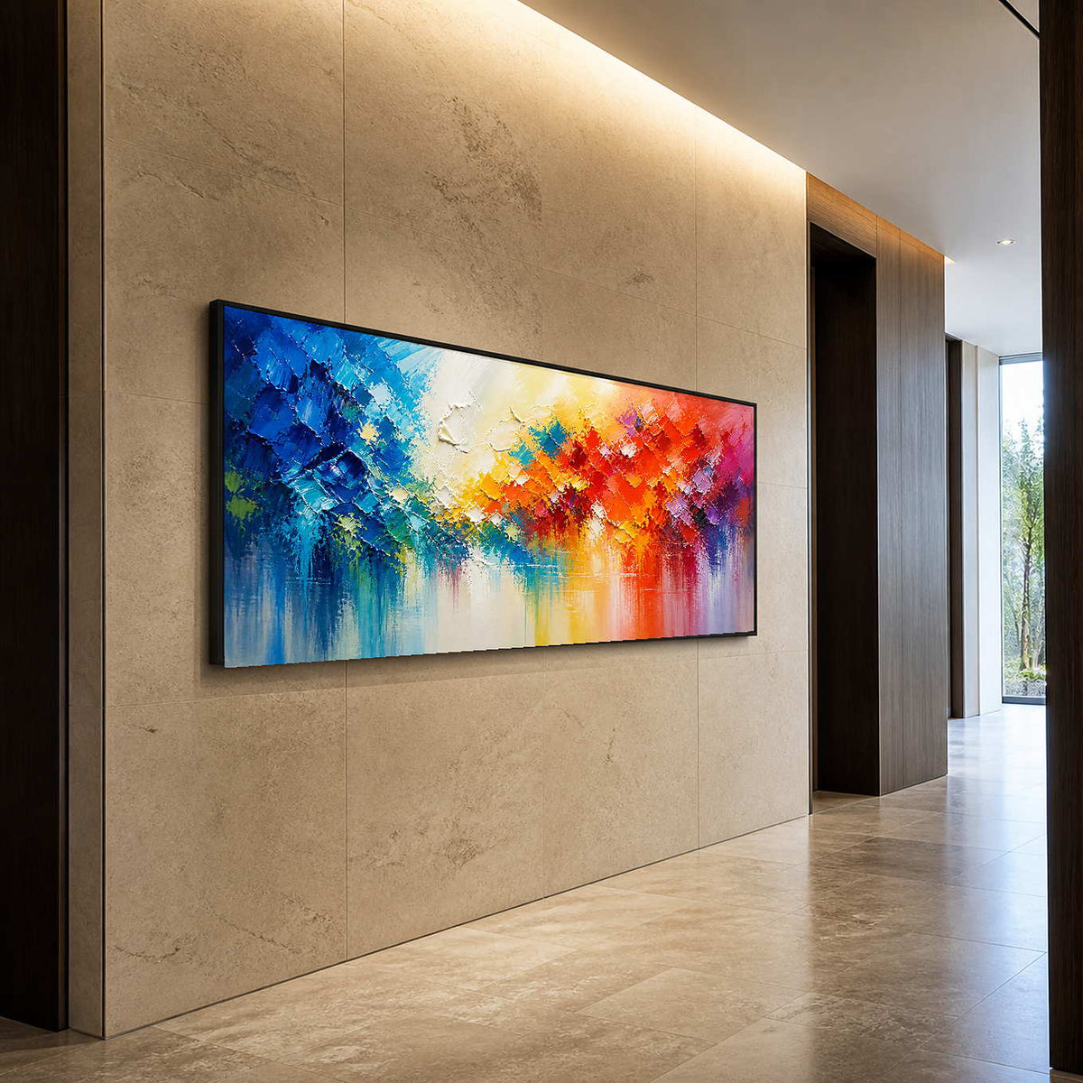 Textured colorful panoramic wall art displayed along a minimalist gallery hall.
