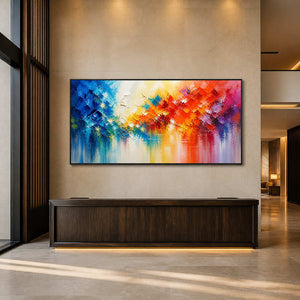 Bold blue and warm-toned wall art displayed in a sophisticated hotel lobby.