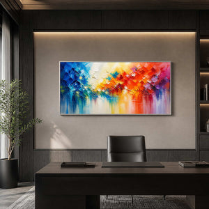 Panoramic multicolor abstract art displayed in a dark executive office.