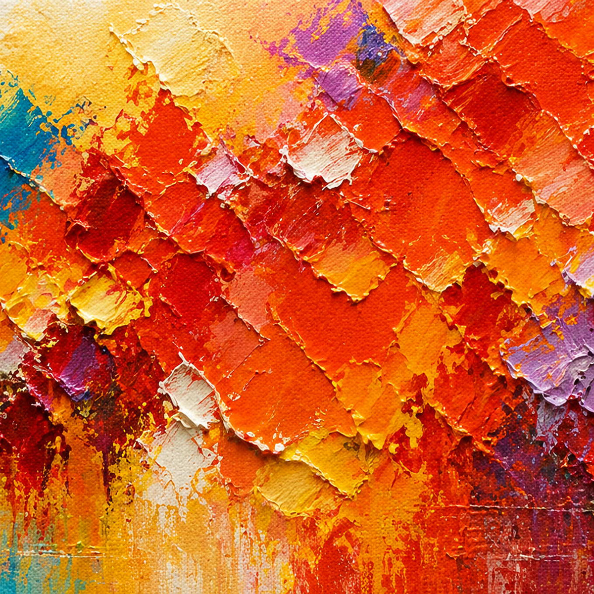 Close-up of dense orange, gold, coral, and violet palette-knife texture.