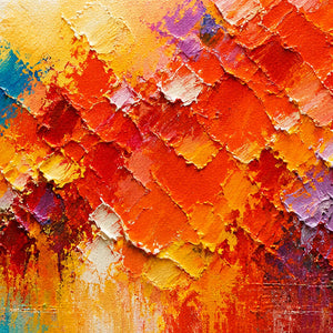 Close-up of dense orange, gold, coral, and violet palette-knife texture.