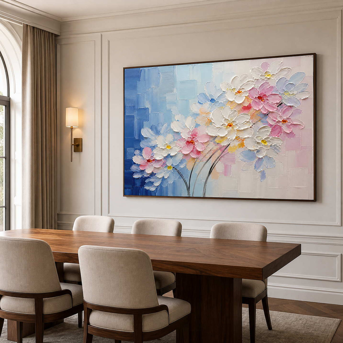 Where Blue Meets the First Bloom in a wood-framed dining room
