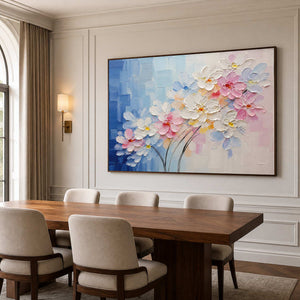 Where Blue Meets the First Bloom in a wood-framed dining room