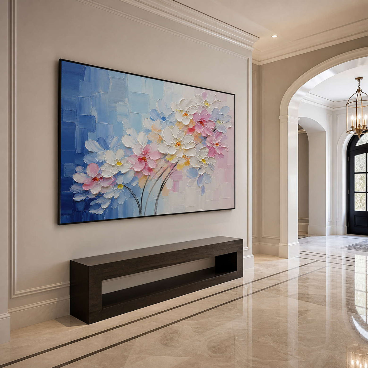 Where Blue Meets the First Bloom in a black-framed entryway