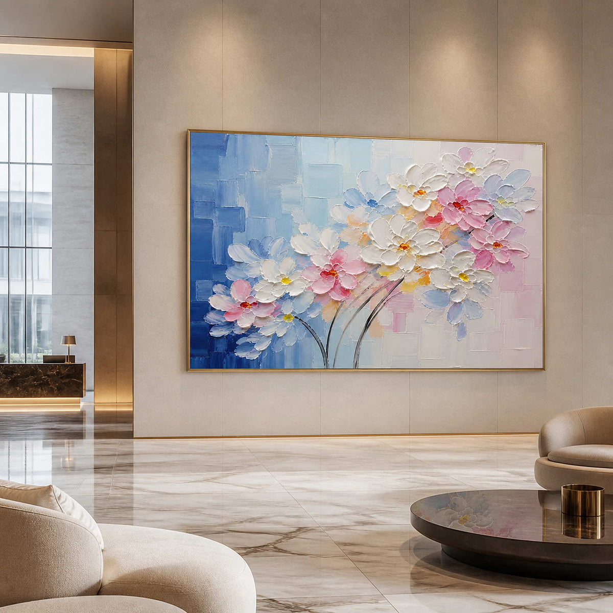 Where Blue Meets the First Bloom in a gold-framed hotel lobby