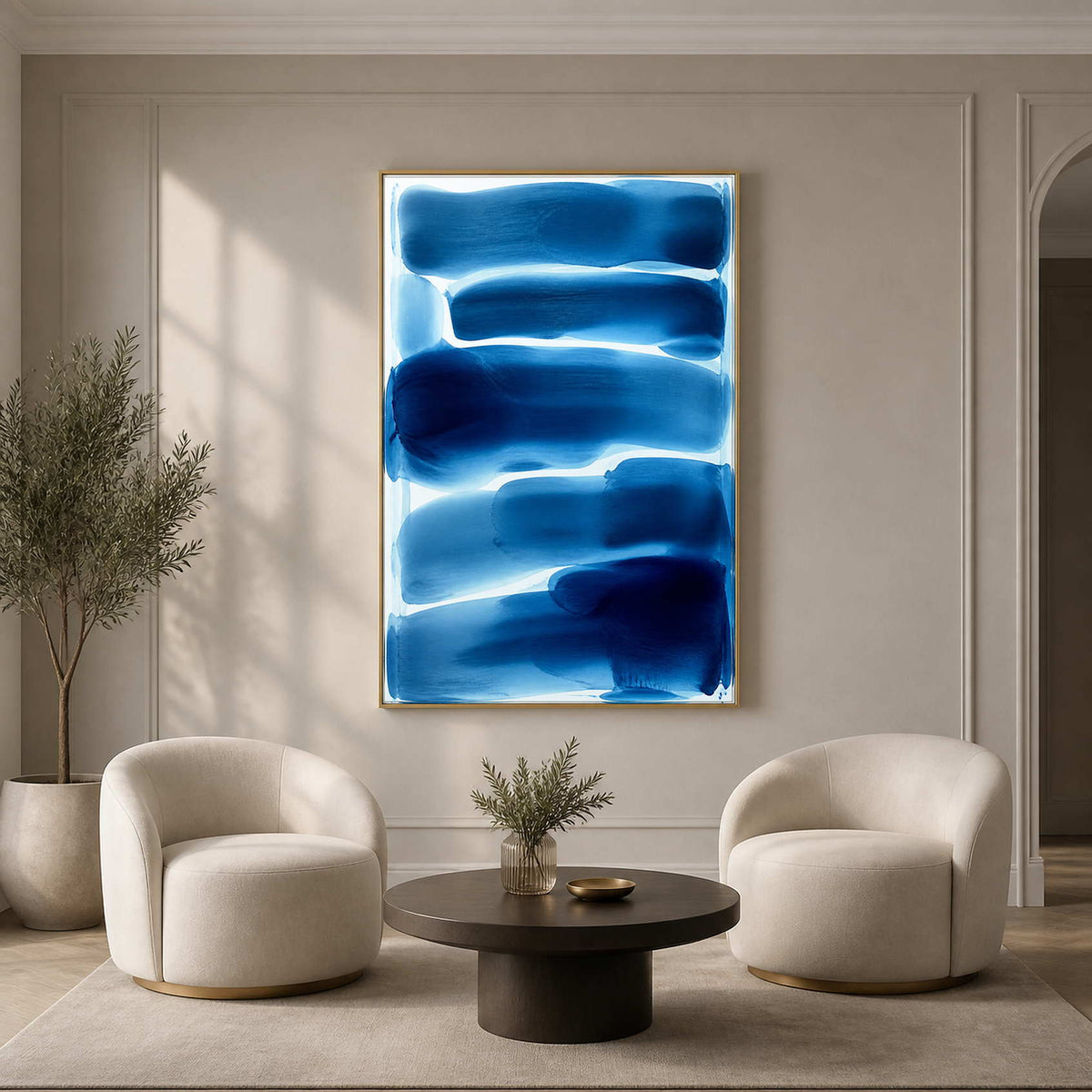 Minimalist blue abstract canvas in a quiet contemporary gallery lounge.