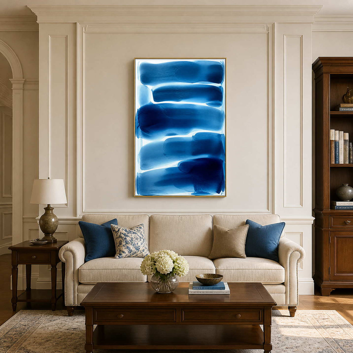 Cobalt blue and white minimalist abstract wall art in a classic neutral living room.