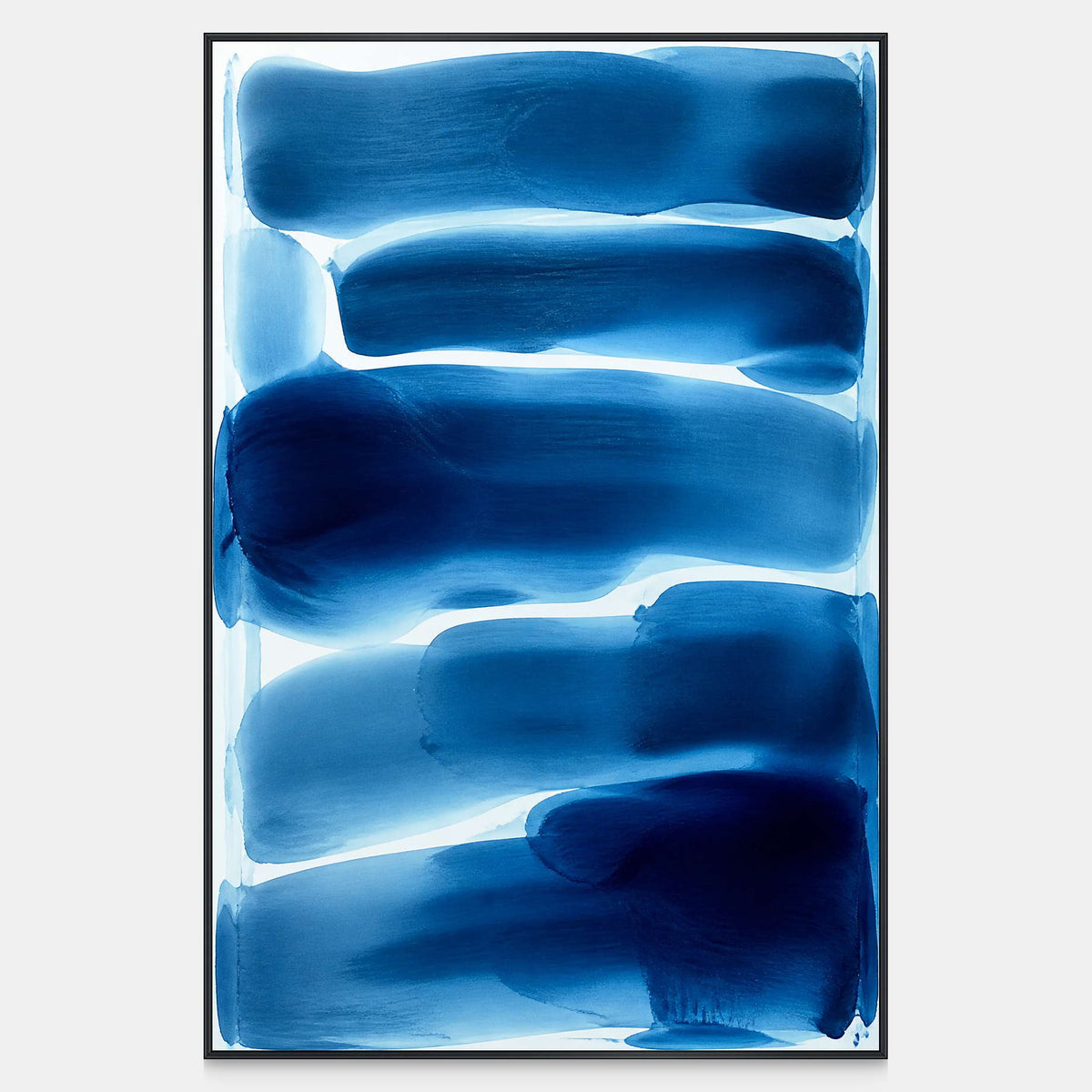 Hand-painted vertical abstract canvas with stacked cobalt, ultramarine, sky blue, and white bands.