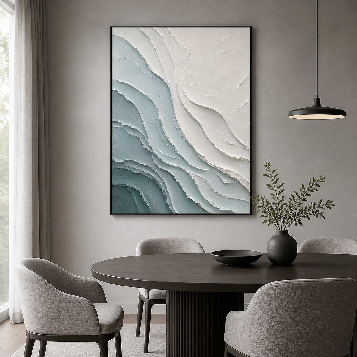 Textured coastal wall art displayed in a cool gray modern dining room.