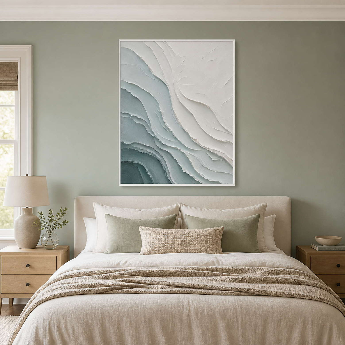 Textured coastal wall art displayed in a soft sage bedroom.