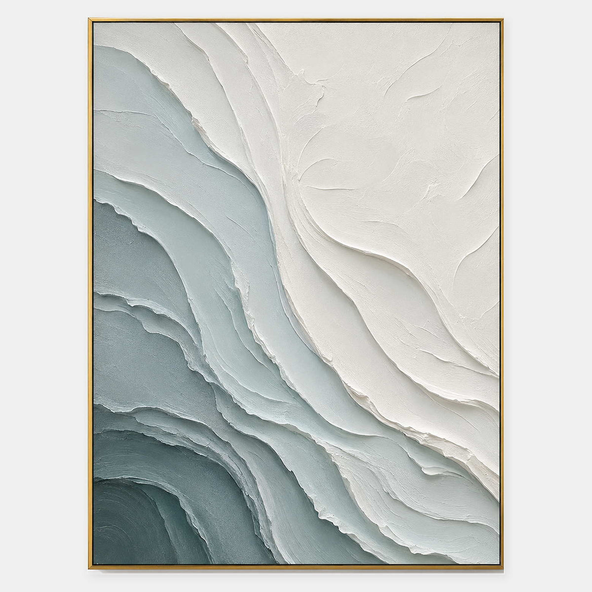 Hand-painted textured coastal wall art in blue-gray and chalk white.