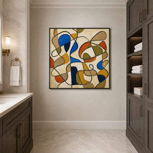 Textured abstract wall art in blue and warm earth tones displayed in a modern bathroom.