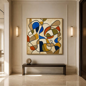 Square modern abstract wall art displayed above an entryway console.