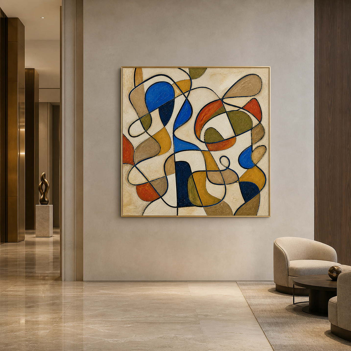Square abstract wall art displayed in a warm contemporary hotel lobby.