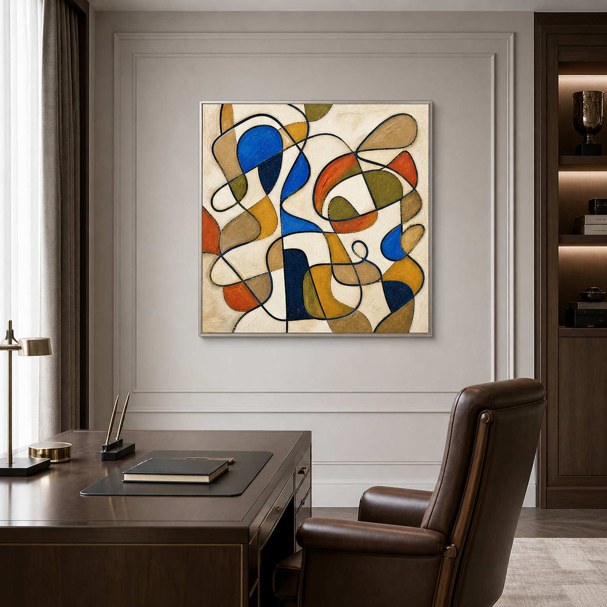 Textured colorful abstract wall art displayed in an elegant home office.