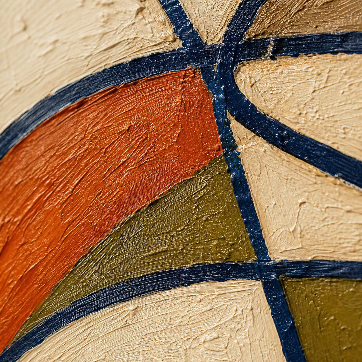 Close-up of raised hand-painted texture and navy linework in blue, orange, olive, and ivory.