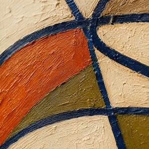 Close-up of raised hand-painted texture and navy linework in blue, orange, olive, and ivory.