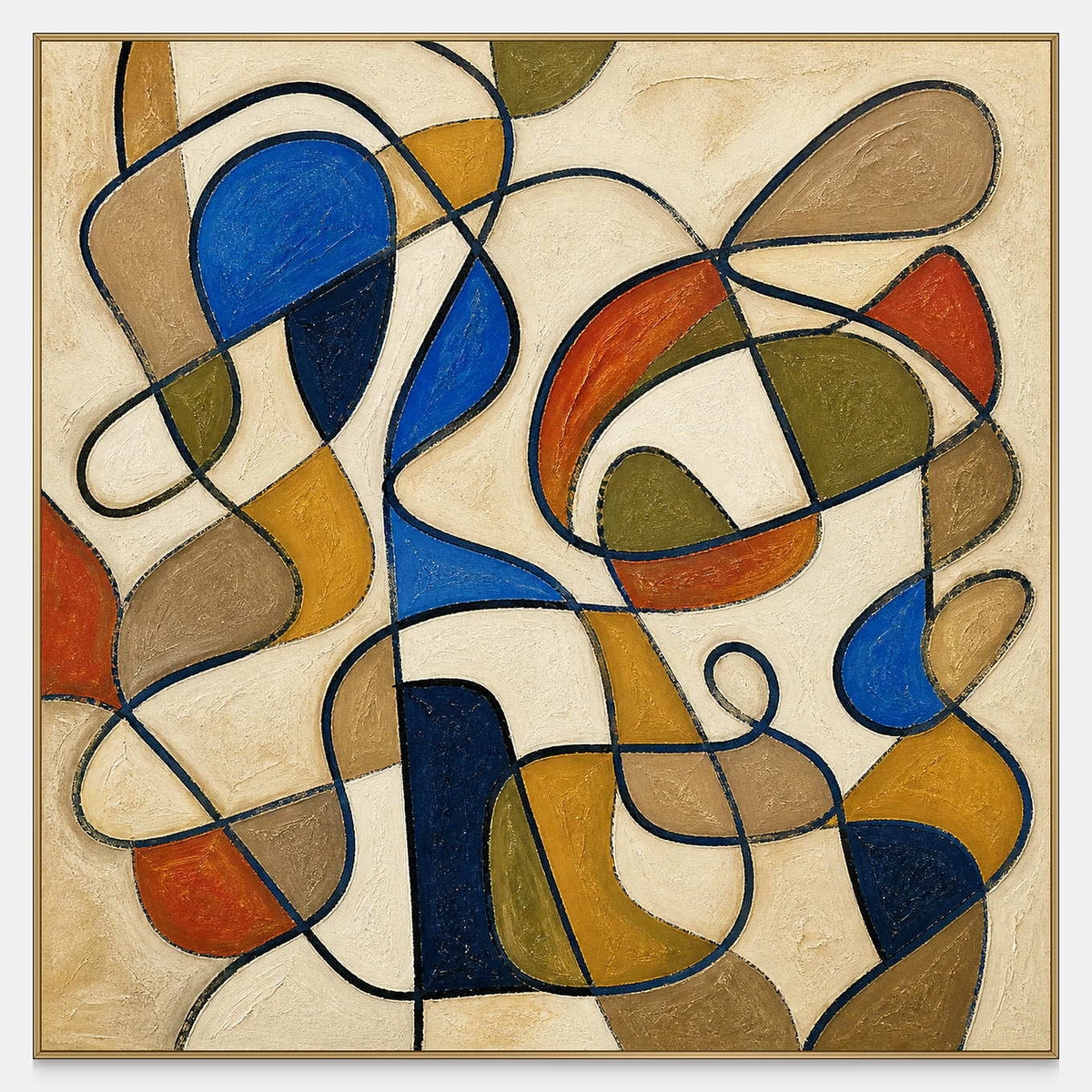 Square abstract wall art with looping navy lines and cobalt, ochre, olive, and orange forms.