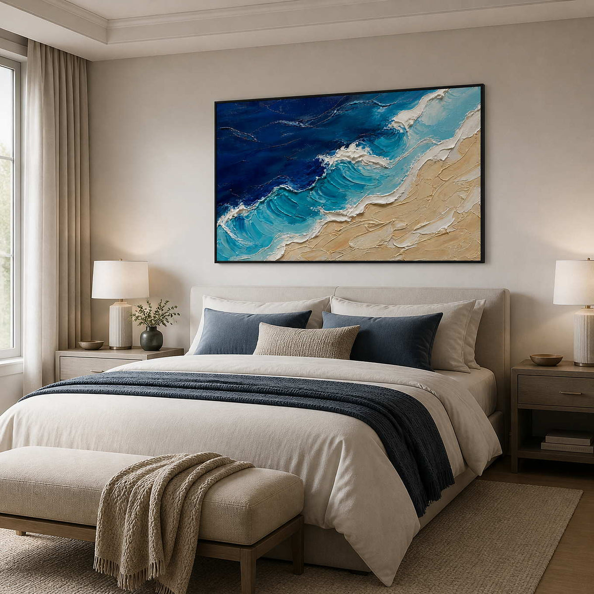 Blue shoreline wall art displayed above a serene modern bedroom.