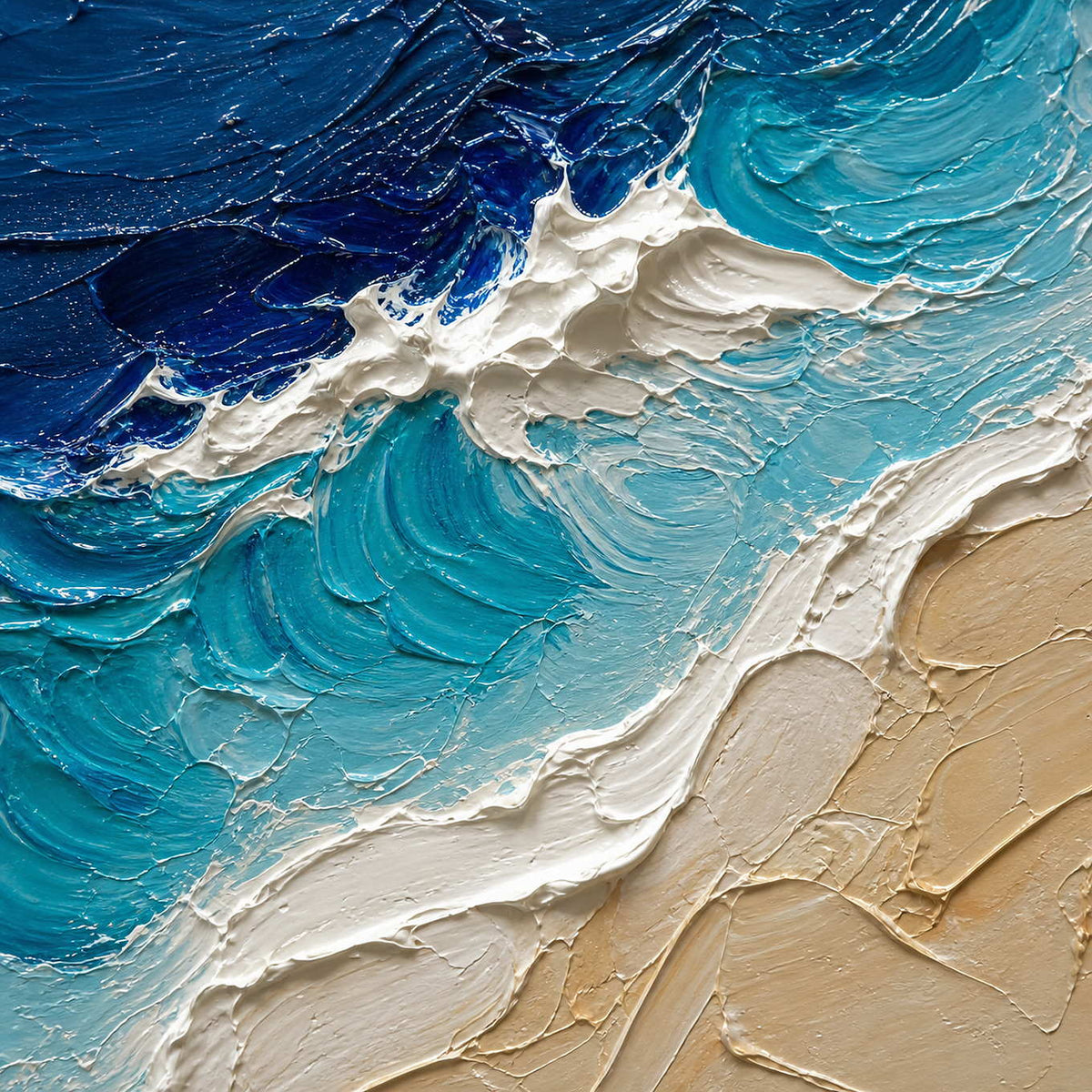 Close-up of raised white surf, turquoise water, and textured sand.