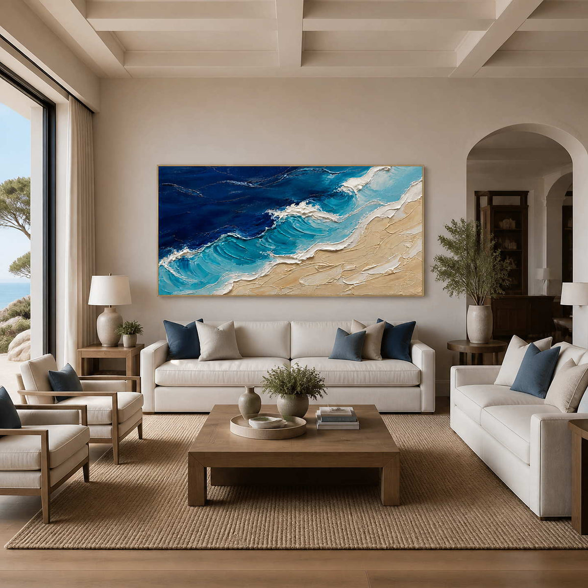 Blue textured coastal wall art displayed in a bright modern living room.