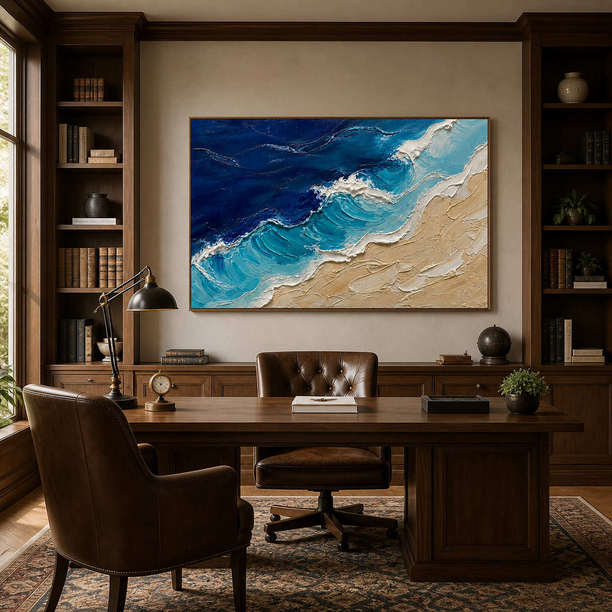 Ocean-inspired textured artwork displayed in a traditional home office.