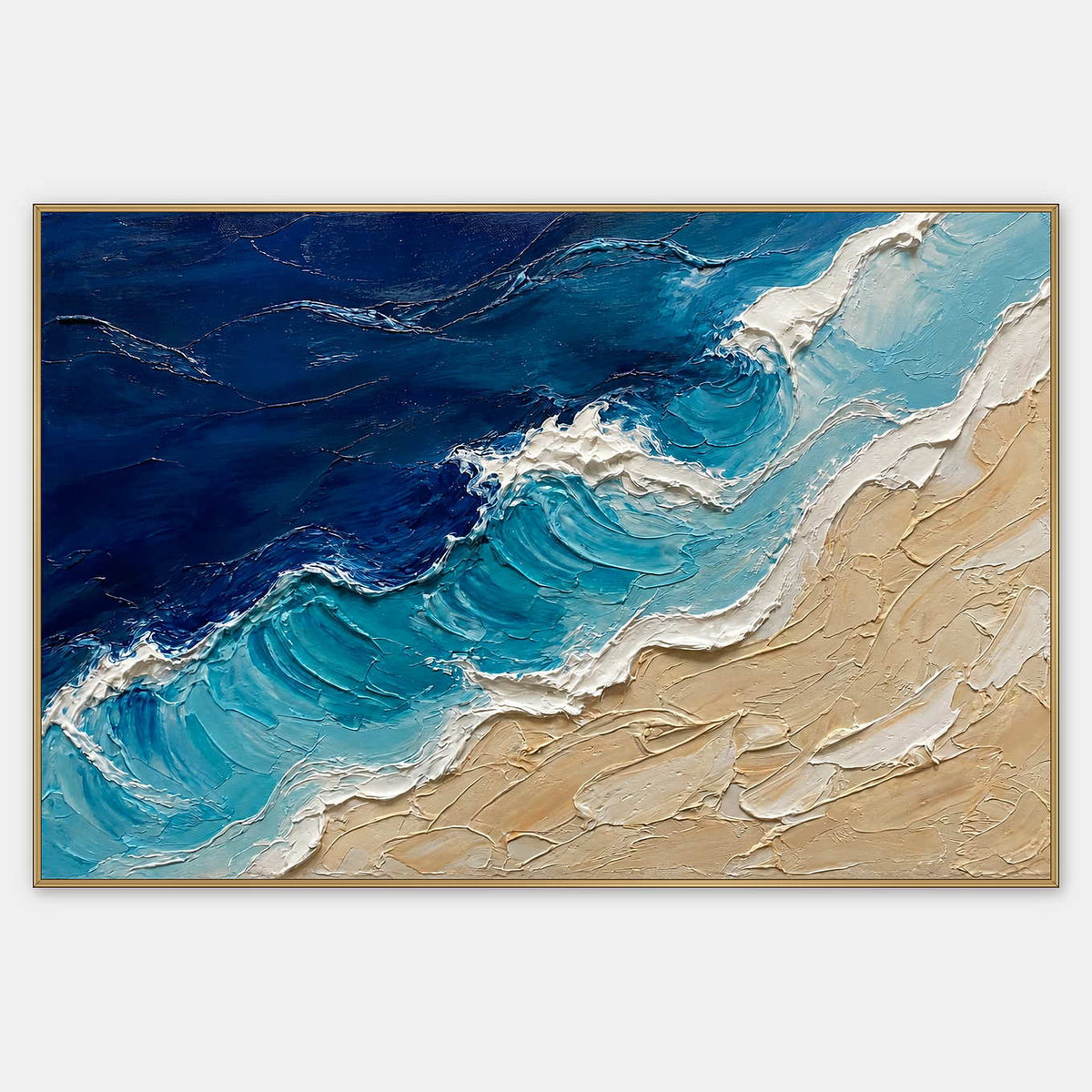 Horizontal textured ocean artwork in navy, turquoise, white, and warm sand.