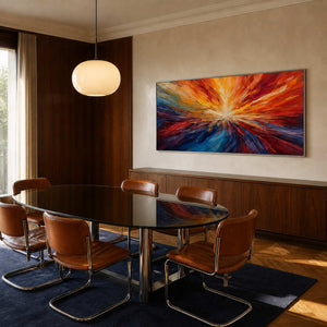 Textured abstract wall art displayed in a Milan dining room.