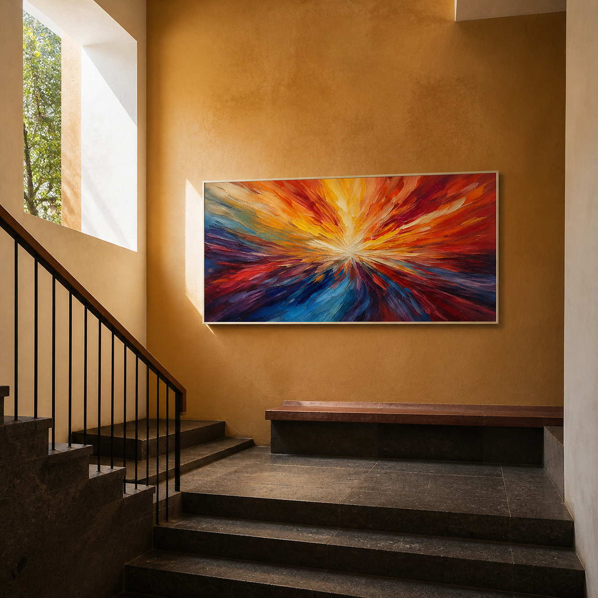 Textured abstract wall art displayed in a Mexico City stair hall.