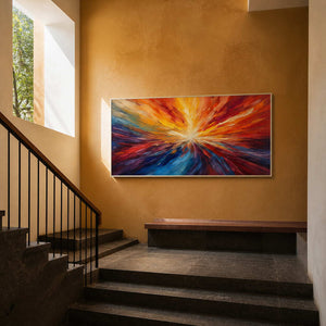 Textured abstract wall art displayed in a Mexico City stair hall.