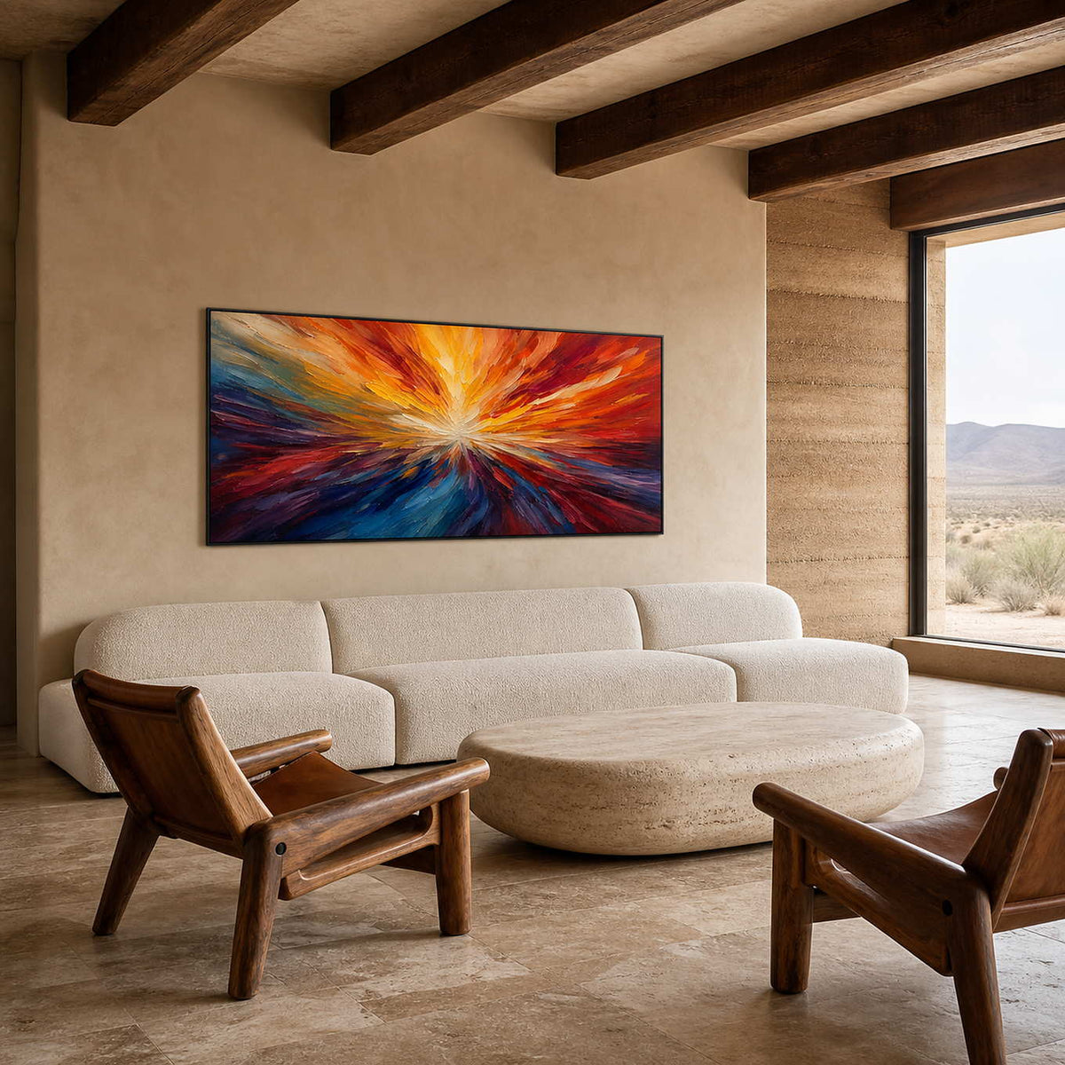 Textured abstract wall art displayed in a Sonoran modern living room.