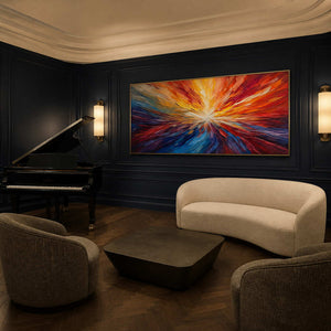 Textured abstract wall art displayed in a Belgian music room.