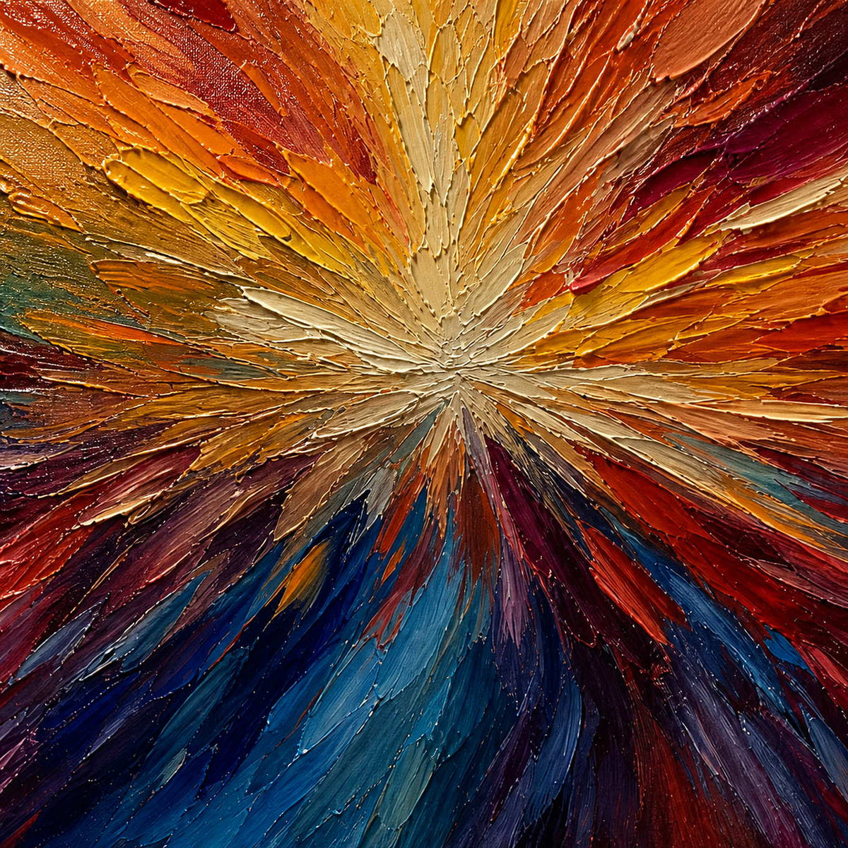 Close-up of raised radial texture in red, orange, blue, and gold.