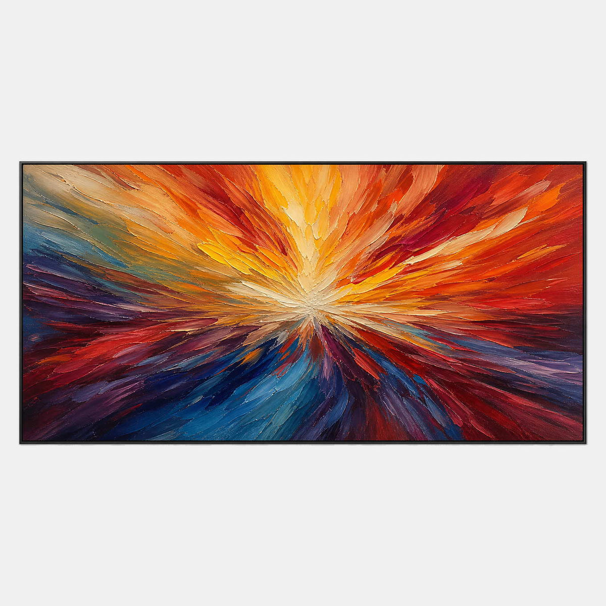 Hand-painted abstract wall art in red, orange, blue, gold, and violet.
