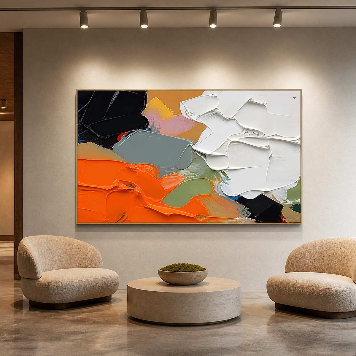 Expressive textured abstract canvas in a minimalist gallery lounge.
