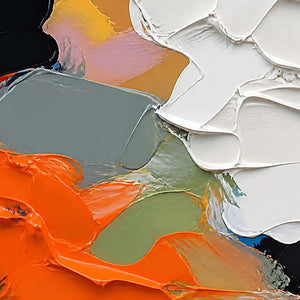 Close-up of raised orange, white, gray, and sage palette-knife layers.