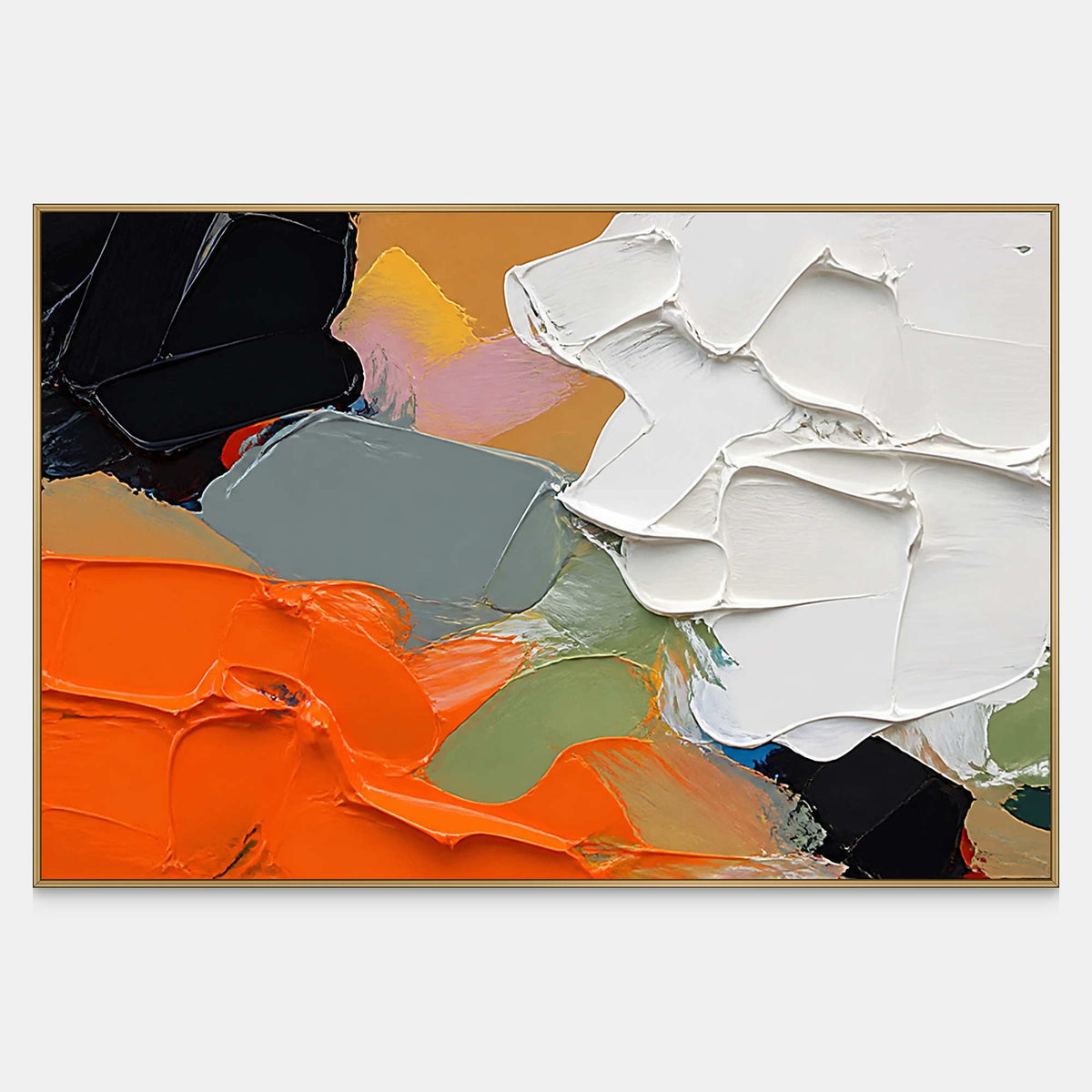 Hand-painted horizontal abstract canvas with orange, white, black, gray, and sage relief.