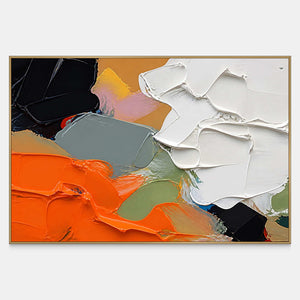 Hand-painted horizontal abstract canvas with orange, white, black, gray, and sage relief.