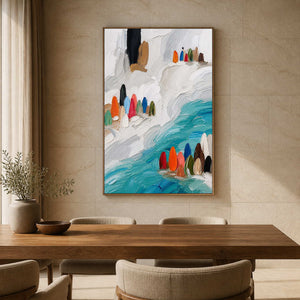 Textured coastal abstraction brings fresh color to a wood dining room.